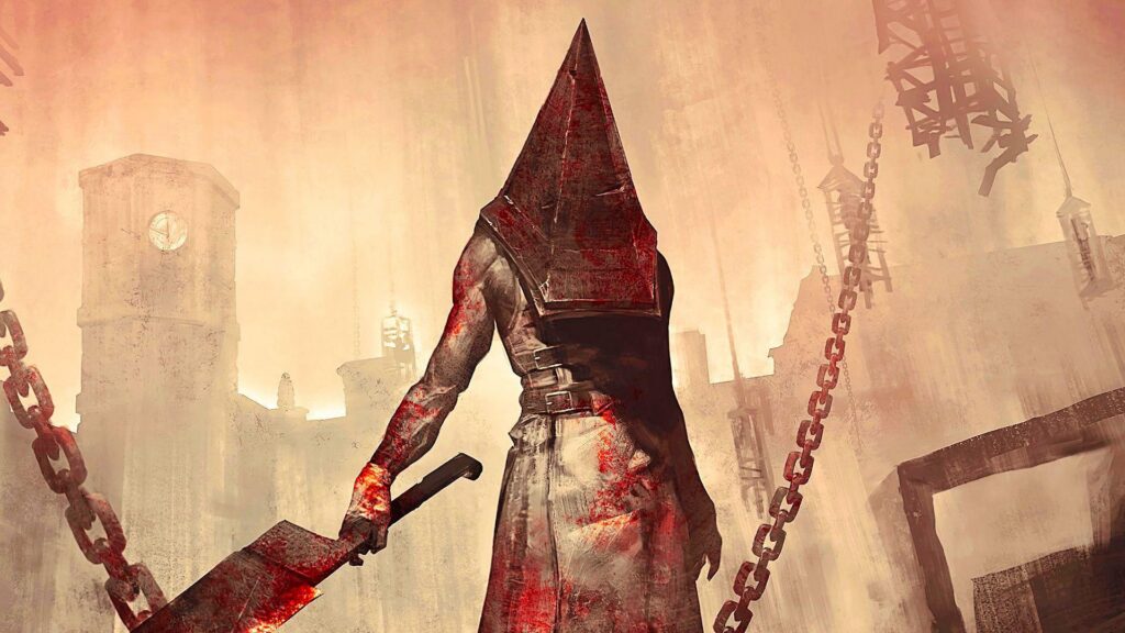 Pyramid Head, le monstre à tête pyramidale de Silent Hill 2, silhouette massive et lame...